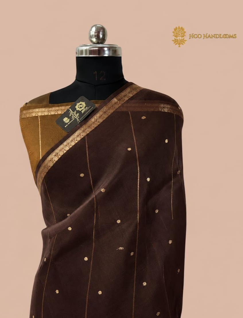 Coffee Brown Pure Kora Silk Handloom Banarasi Saree - All Over Small Buti