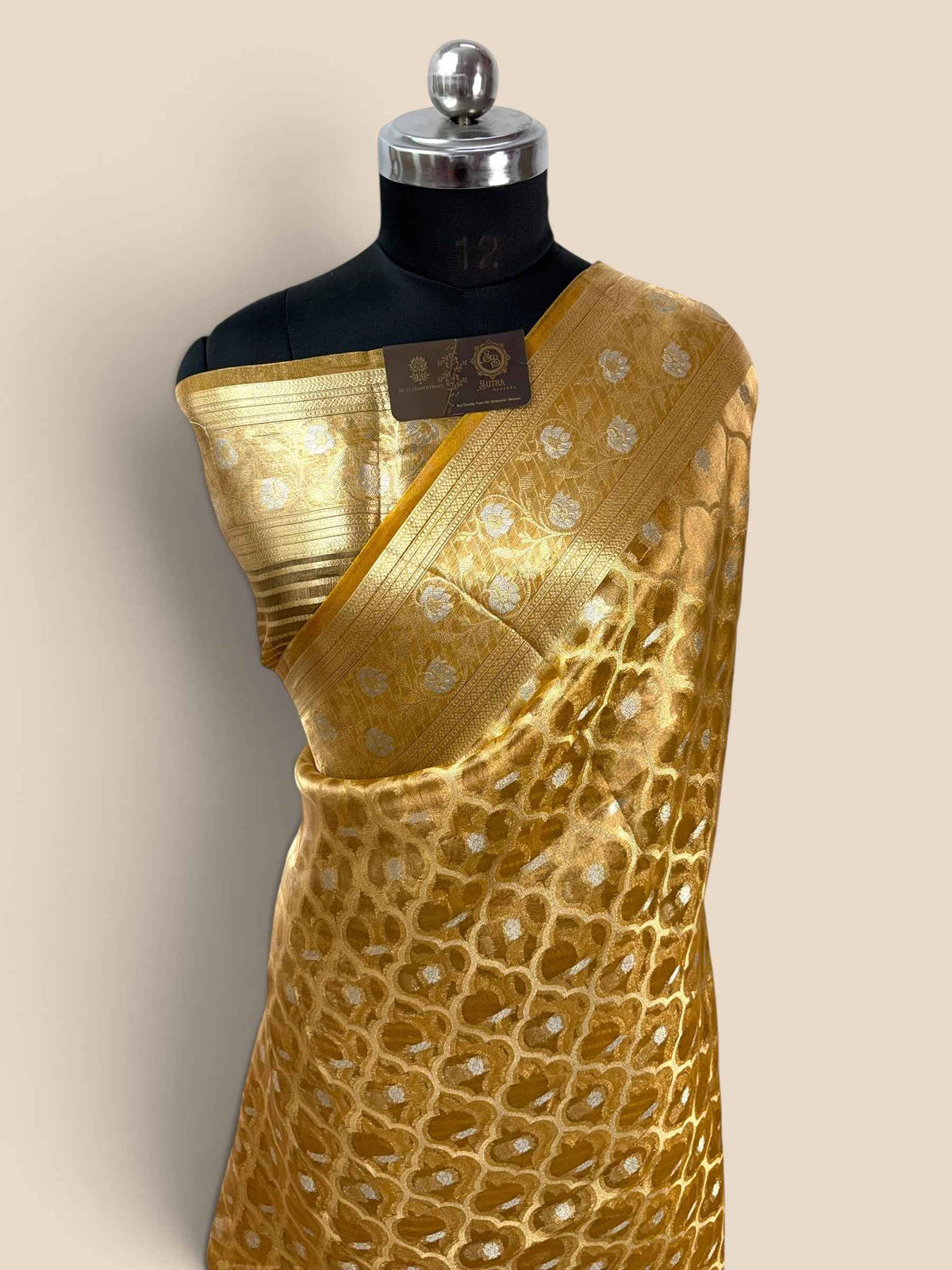 Gold Pure Tissue Silk Handloom Banarasi Saree - Jaal Motifs
