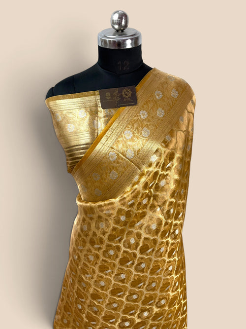 Gold Pure Tissue Silk Handloom Banarasi Saree - Jaal Motifs