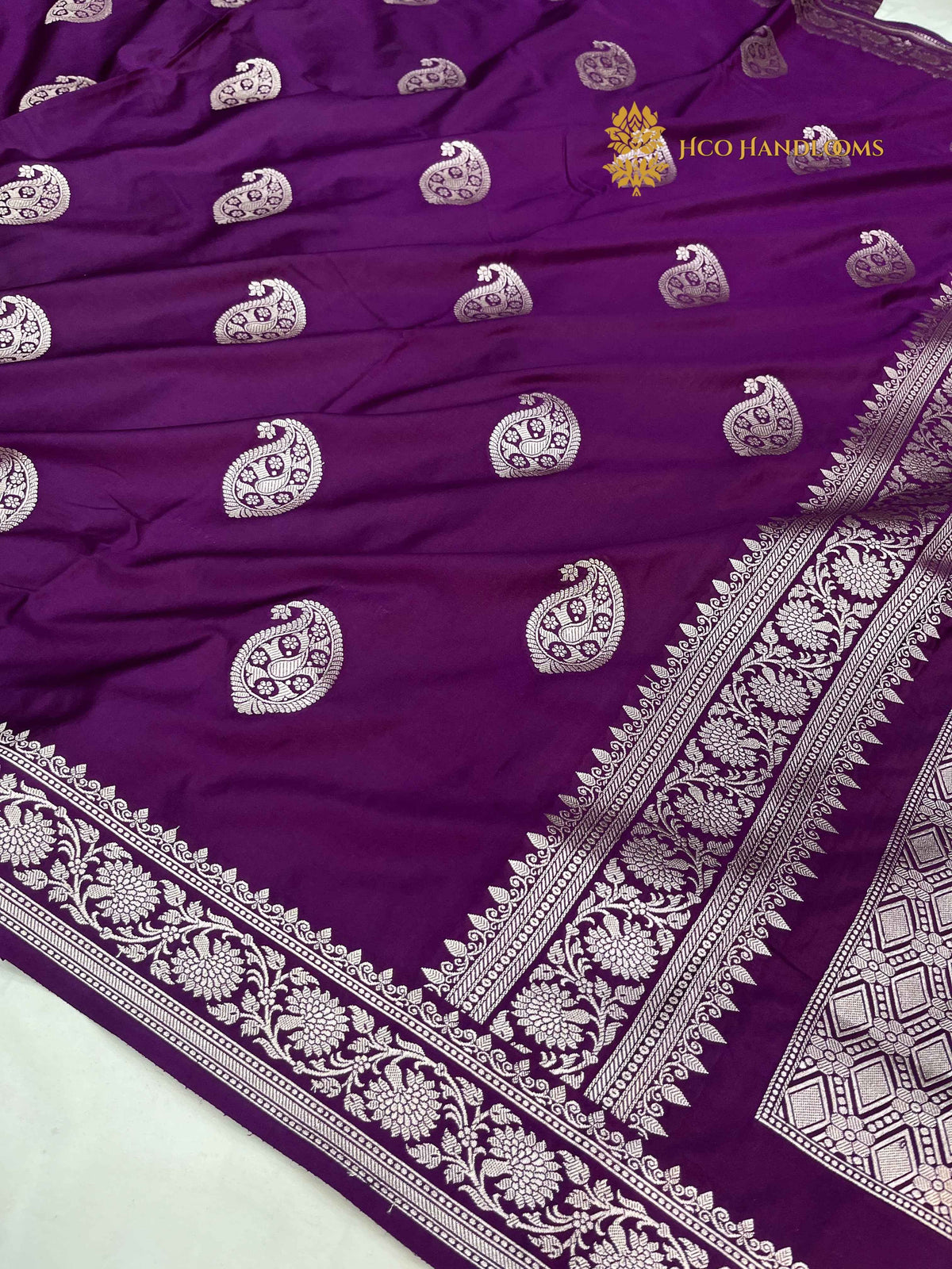 Purple Premium Mashru Katan Silk Banarasi Saree - All Over Paisley Motifs