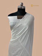 White Premium Mashru Katan Silk Banarasi Saree - All Over Plain Body