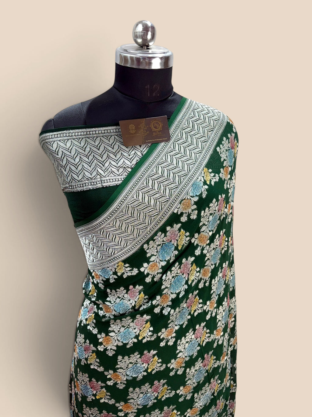 Green Pure Khaddi Georgette Silk handloom Banarasi Saree - Water Zari