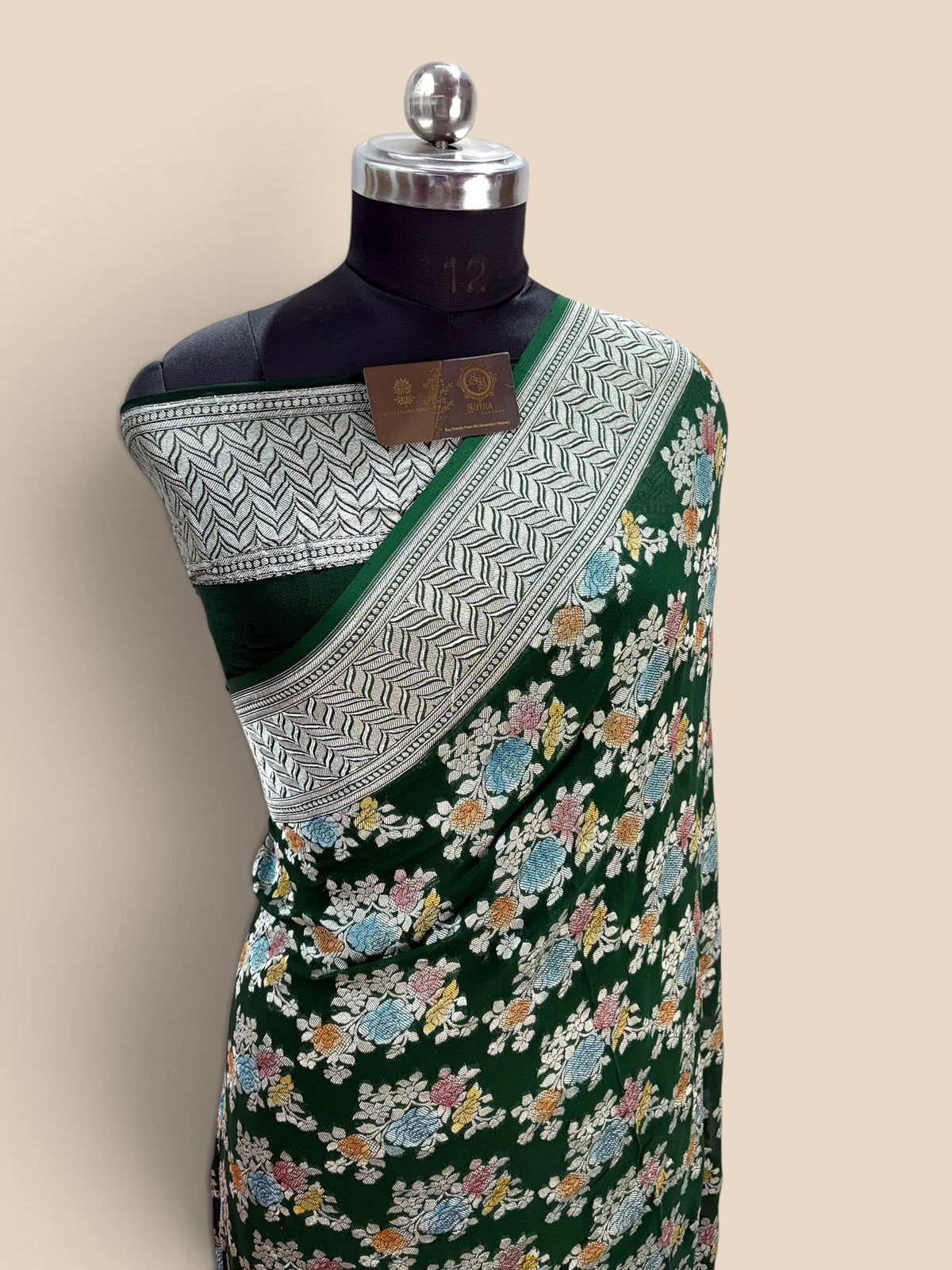 Green Pure Khaddi Georgette Silk handloom Banarasi Saree - Water Zari