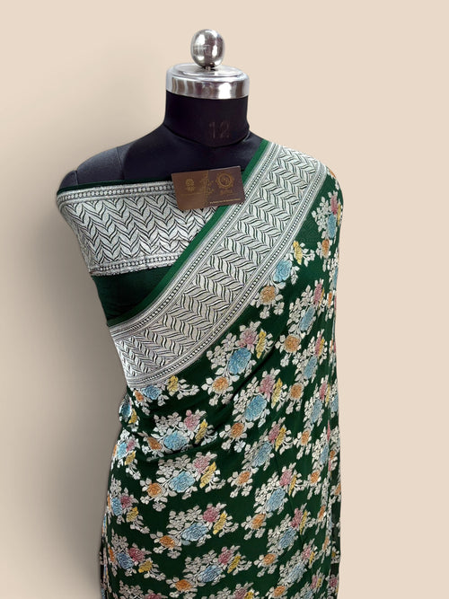 Green Pure Khaddi Georgette Silk handloom Banarasi Saree - Water Zari