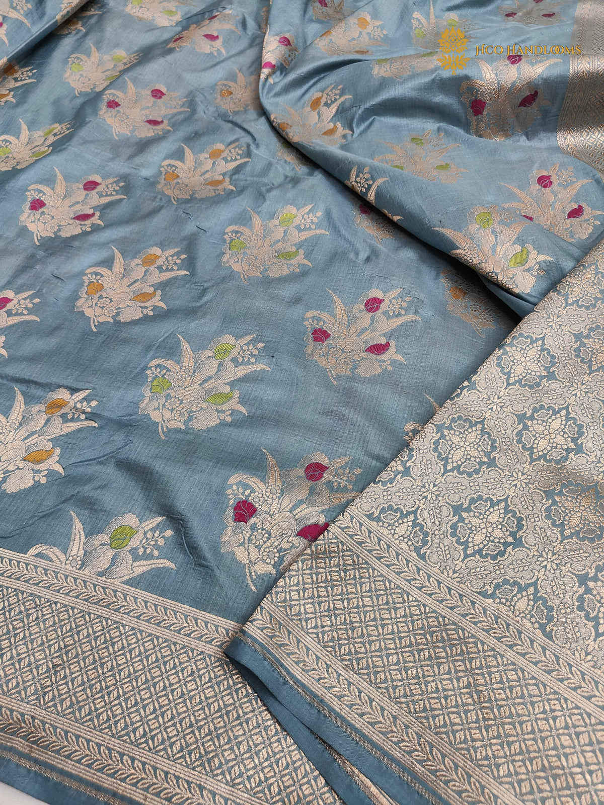 Light Blue Pure Katan Silk Handloom Banarasi Saree - All Over Meenakari Motifs