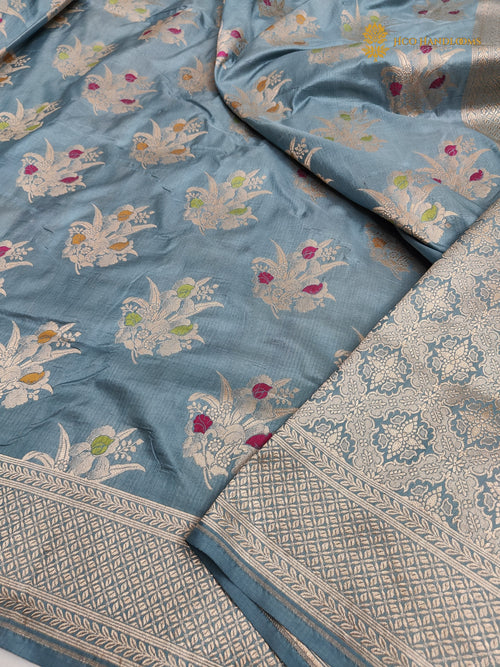 Light Blue Pure Katan Silk Handloom Banarasi Saree - All Over Meenakari Motifs