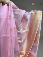 Baby Pink Pure Kora Silk Handloom Kadhua Banarasi Saree - All Over Floral Motifs
