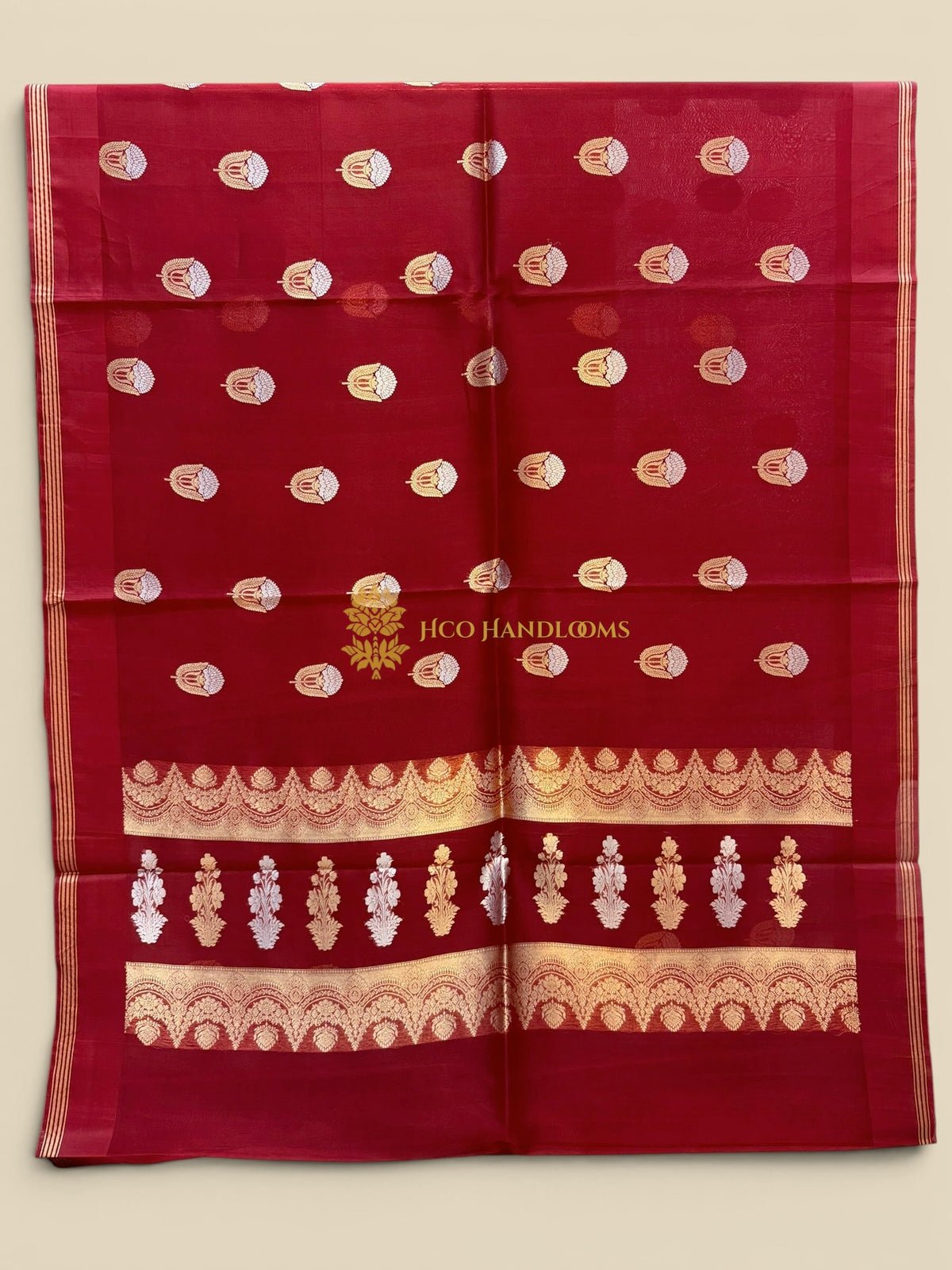Regal Red Pure Kora Silk Handloom Banarasi Saree - All Over Kadhua Motifs