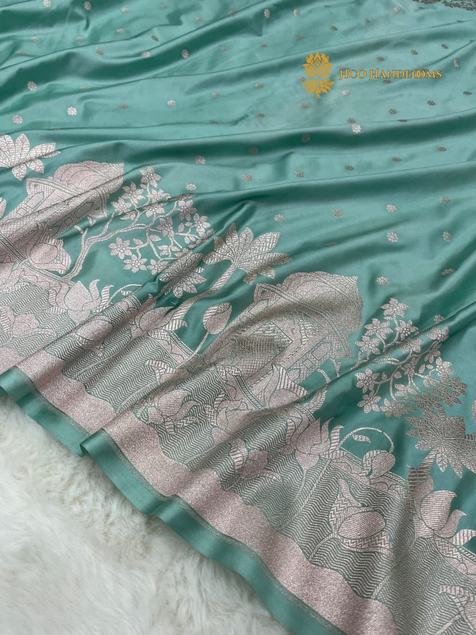 Light Blue Premium Mashru Katan Silk Banarasi Saree - All Over Dot Motifs And Beautiful Border