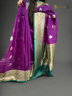 Regal Contrast Pure Kora Silk Handloom Banrasi Saree - All Over Kadhua Motifs