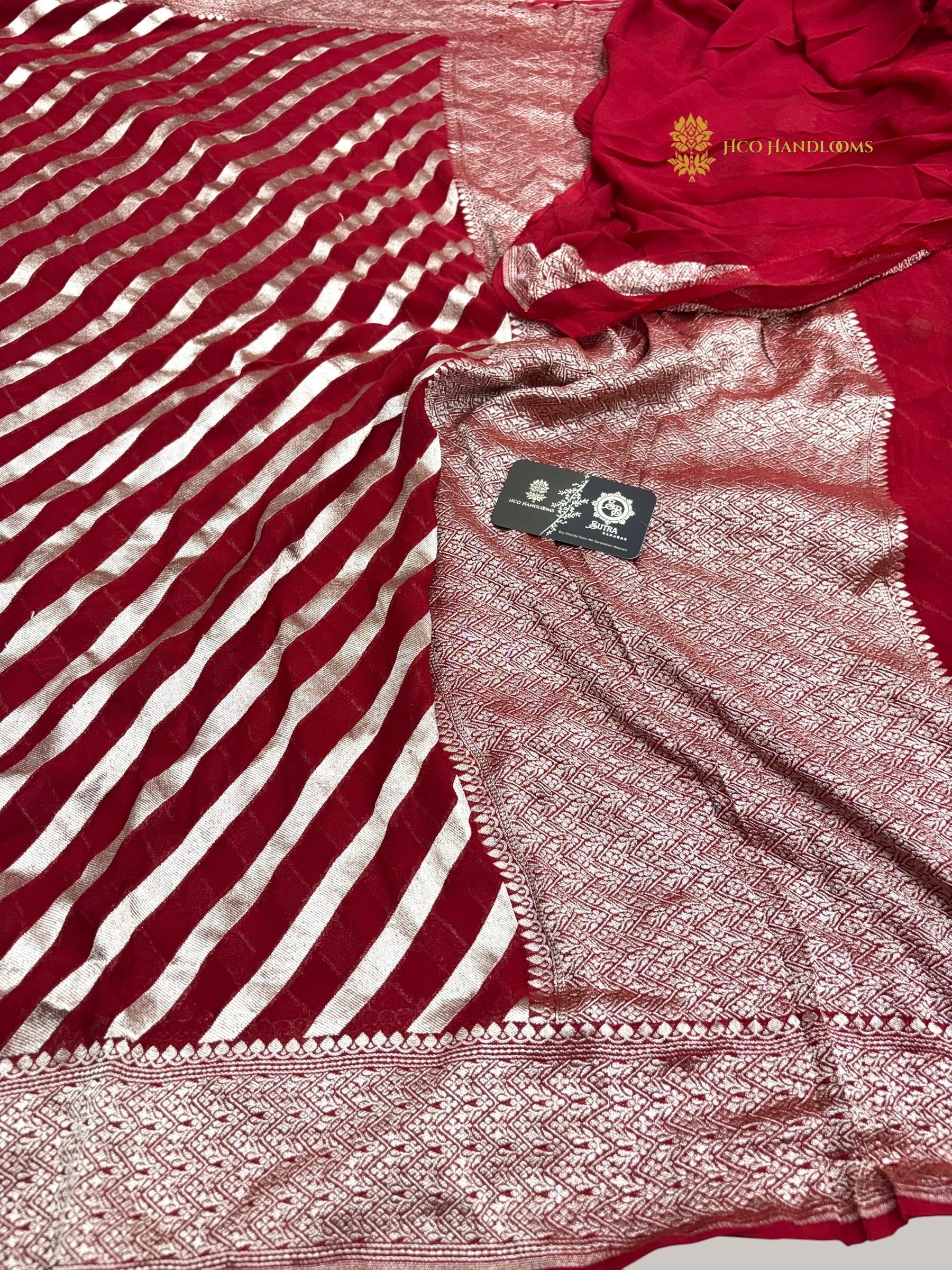 Regal Red Pure Khaddi Georgette Silk handloom Banarasi Saree - Water Zari