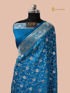 Regal Blue Premium Mashru Katan Silk Banarasi Saree With Floral Jangla