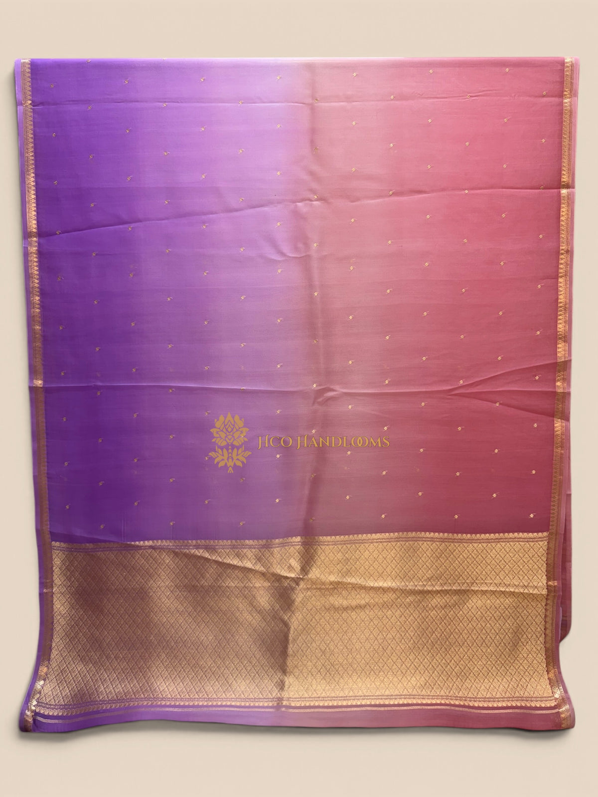 Lavender & Pink Ombre Pure Kora Silk Handloom Banarasi Saree - All Over Small Buti