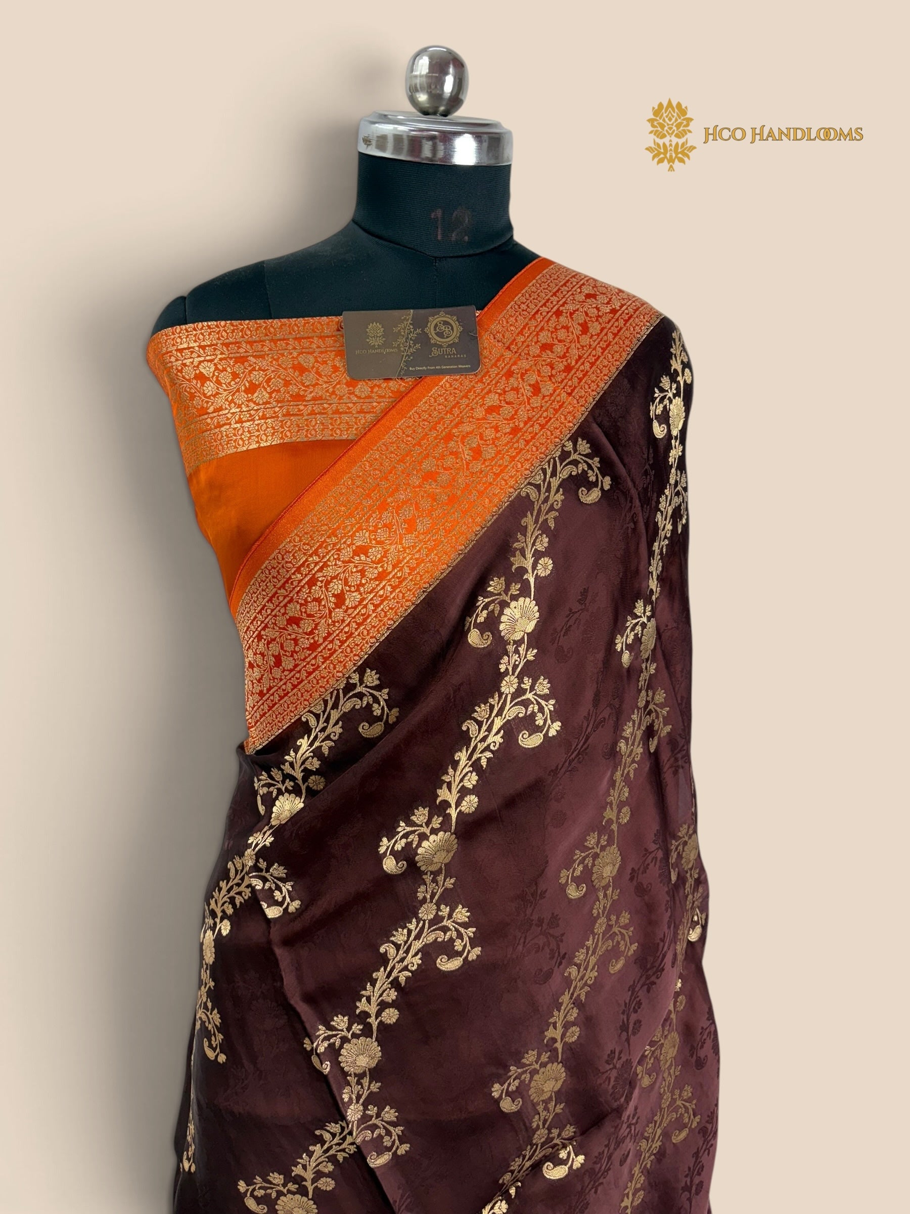 Premium Mashru Crepe Silk Banarasi Saree - All Over Floral Diagonal