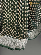 Dark Green Pure Khaddi Georgette Silk Handloom Banarasi Saree - Silver Zari