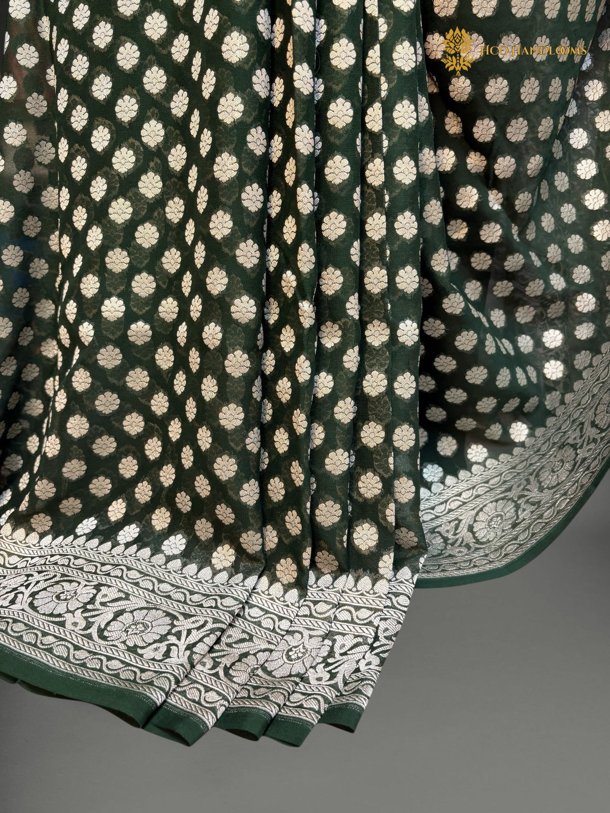Dark Green Pure Khaddi Georgette Silk Handloom Banarasi Saree - Silver Zari