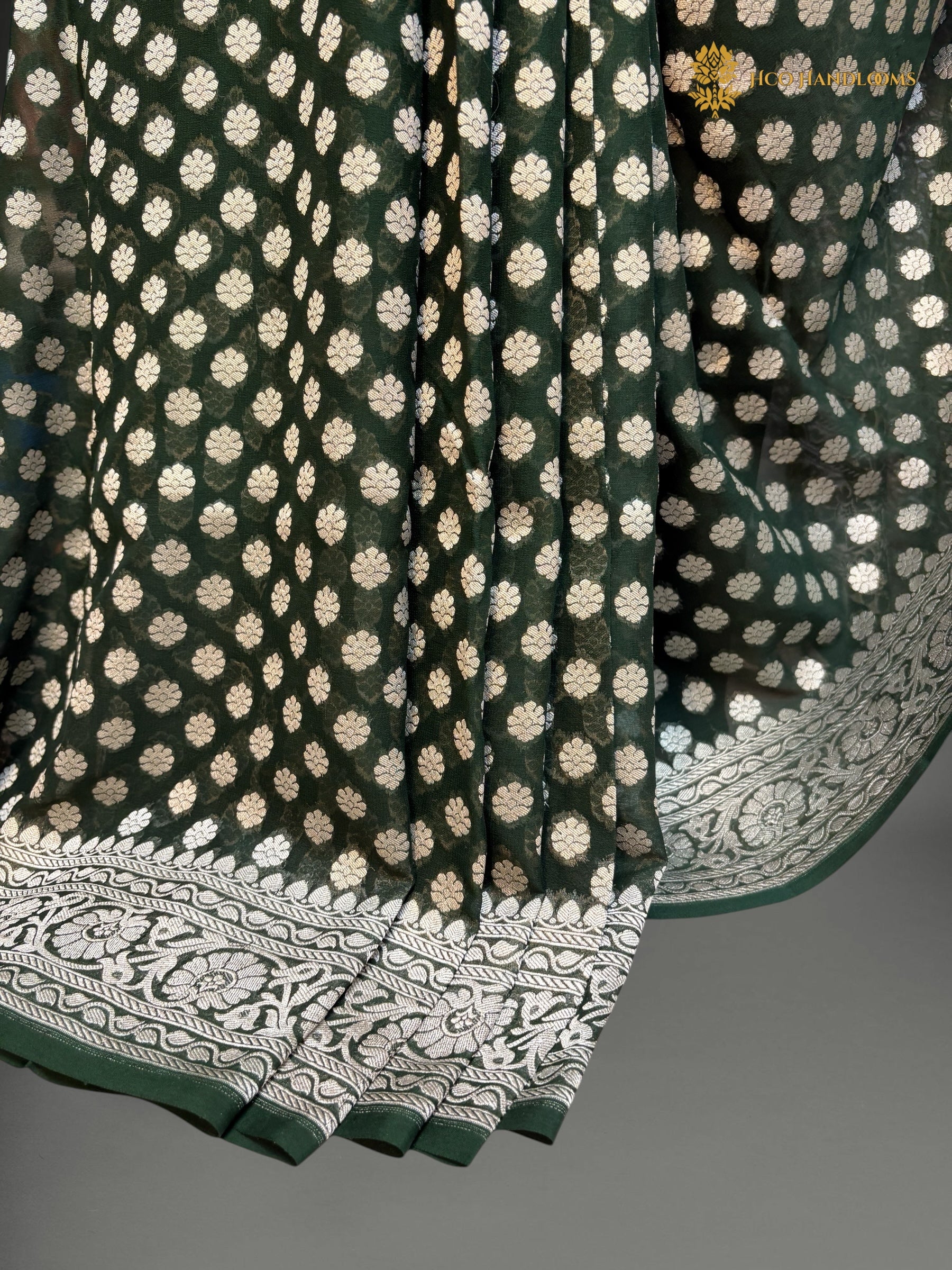 Dark Green Pure Khaddi Georgette Silk Handloom Banarasi Saree - Silver Zari