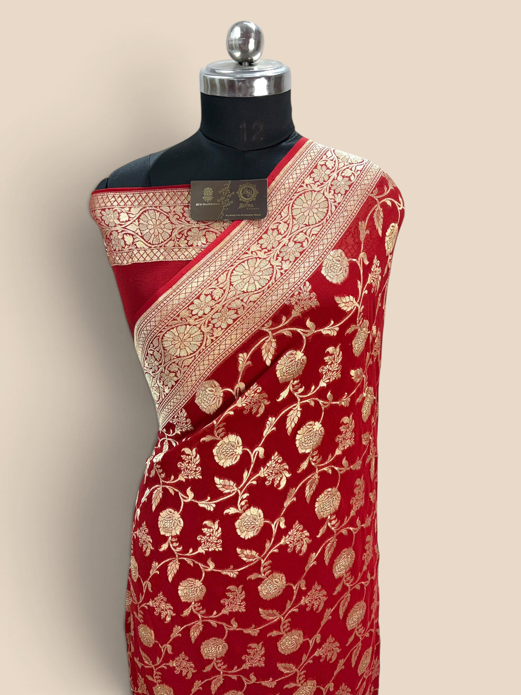 Red Pure Khaddi Georgette Silk handloom Banarasi Saree - Gold Zari