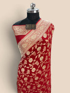 Red Pure Khaddi Georgette Silk handloom Banarasi Saree - Gold Zari