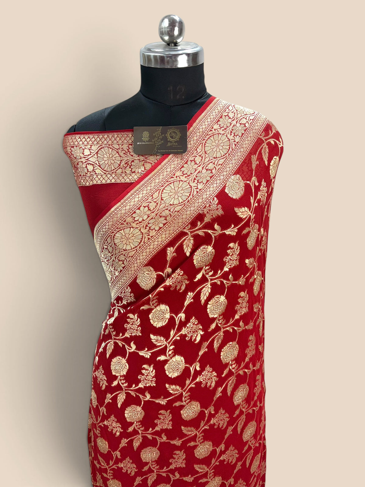 Red Pure Khaddi Georgette Silk handloom Banarasi Saree - Gold Zari