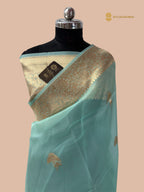 Light Blue Pure Kora Silk Handloom Banarasi Saree - All Over Kadua Motifs