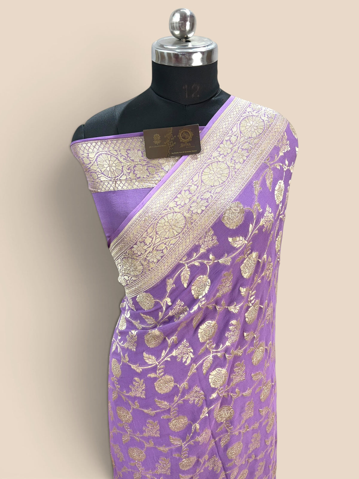 Lavender Pure Khaddi Georgette Silk handloom Banarasi Saree - Water Zari