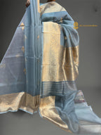 Regal Light Blue Pure Kora Silk Handloom Banrasi Saree - All Over Kadhua Motifs