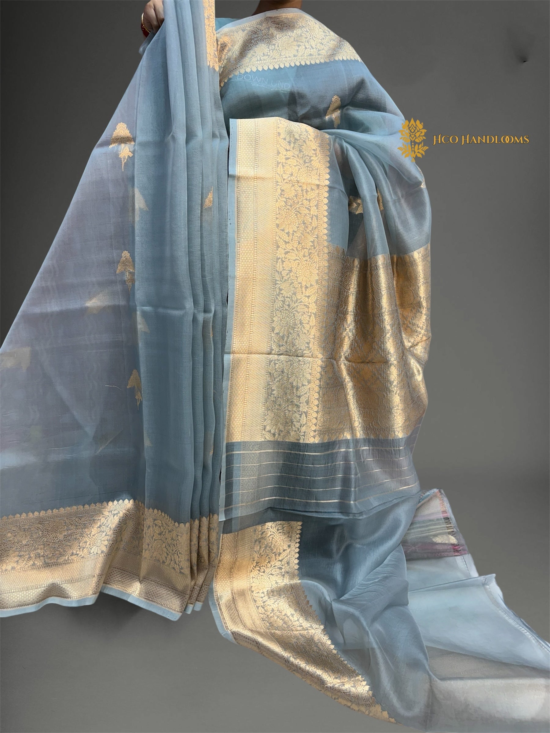 Regal Light Blue Pure Kora Silk Handloom Banrasi Saree - All Over Kadhua Motifs