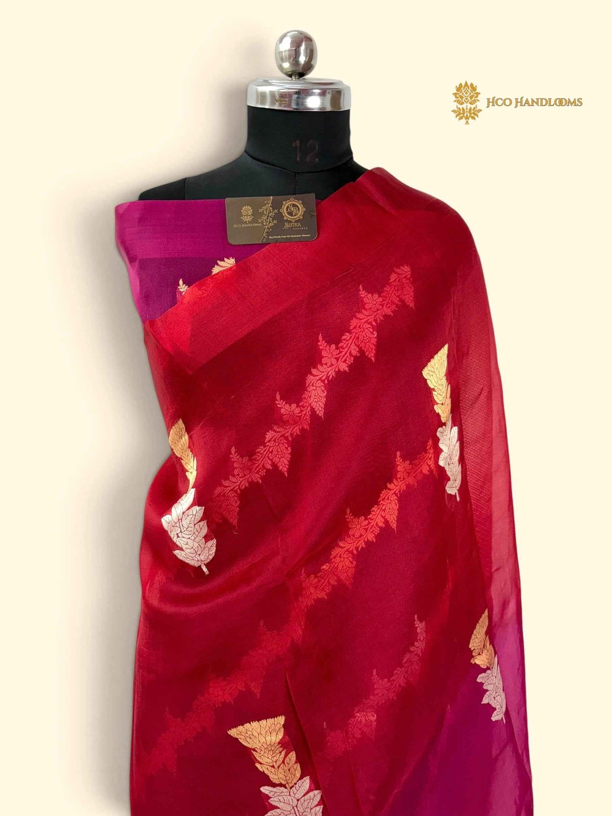 Rani & Red Pure Kora Silk Handloom Banarasi Saree - All Over Kadhua Buta