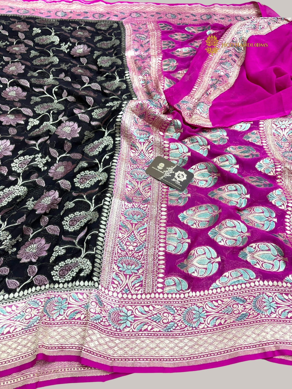 Black Contrast Pure Khaddi Georgette Silk Meenakari Handloom Banarasi Saree - Water Zari