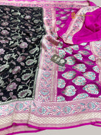 Black Contrast Pure Khaddi Georgette Silk Meenakari Handloom Banarasi Saree - Water Zari