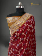 Regal Maroon Pure Katan Silk Handloom Banarasi saree - All Over Kadhiyal Jangla