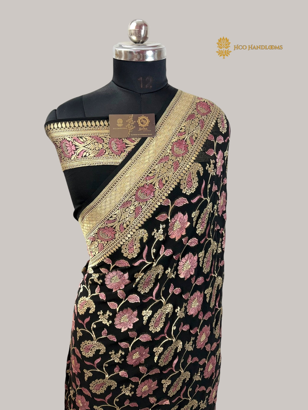 Black Pure Khaddi Georgette Silk Meenakari Handloom Banarasi Saree - Water Zari