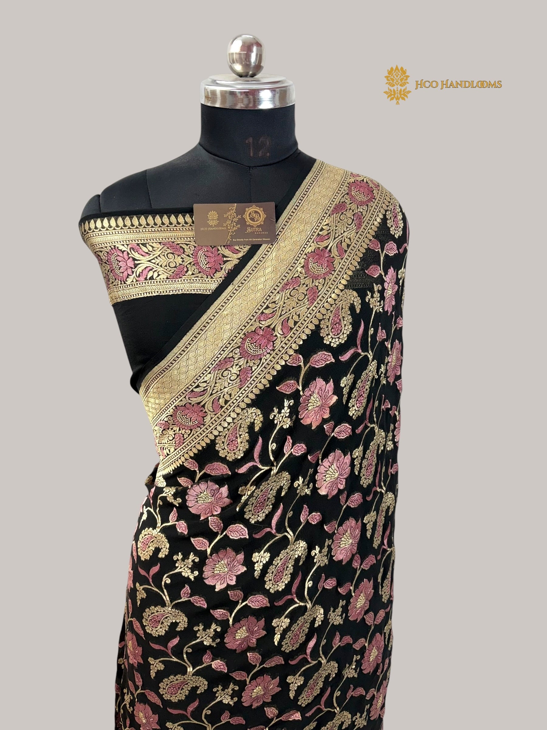 Black Pure Khaddi Georgette Silk Meenakari Handloom Banarasi Saree - Water Zari