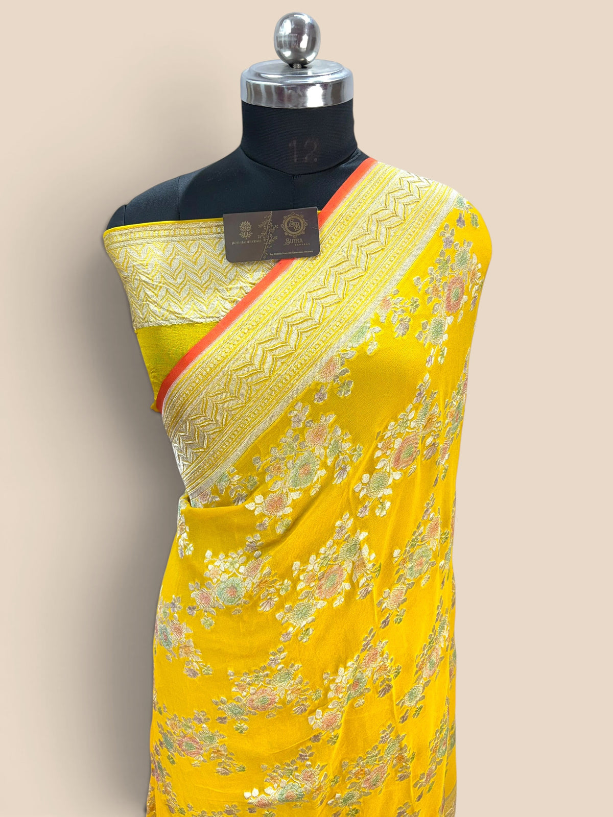 Yellow Pure Khaddi Georgette Silk handloom Banarasi Saree - Water Zari