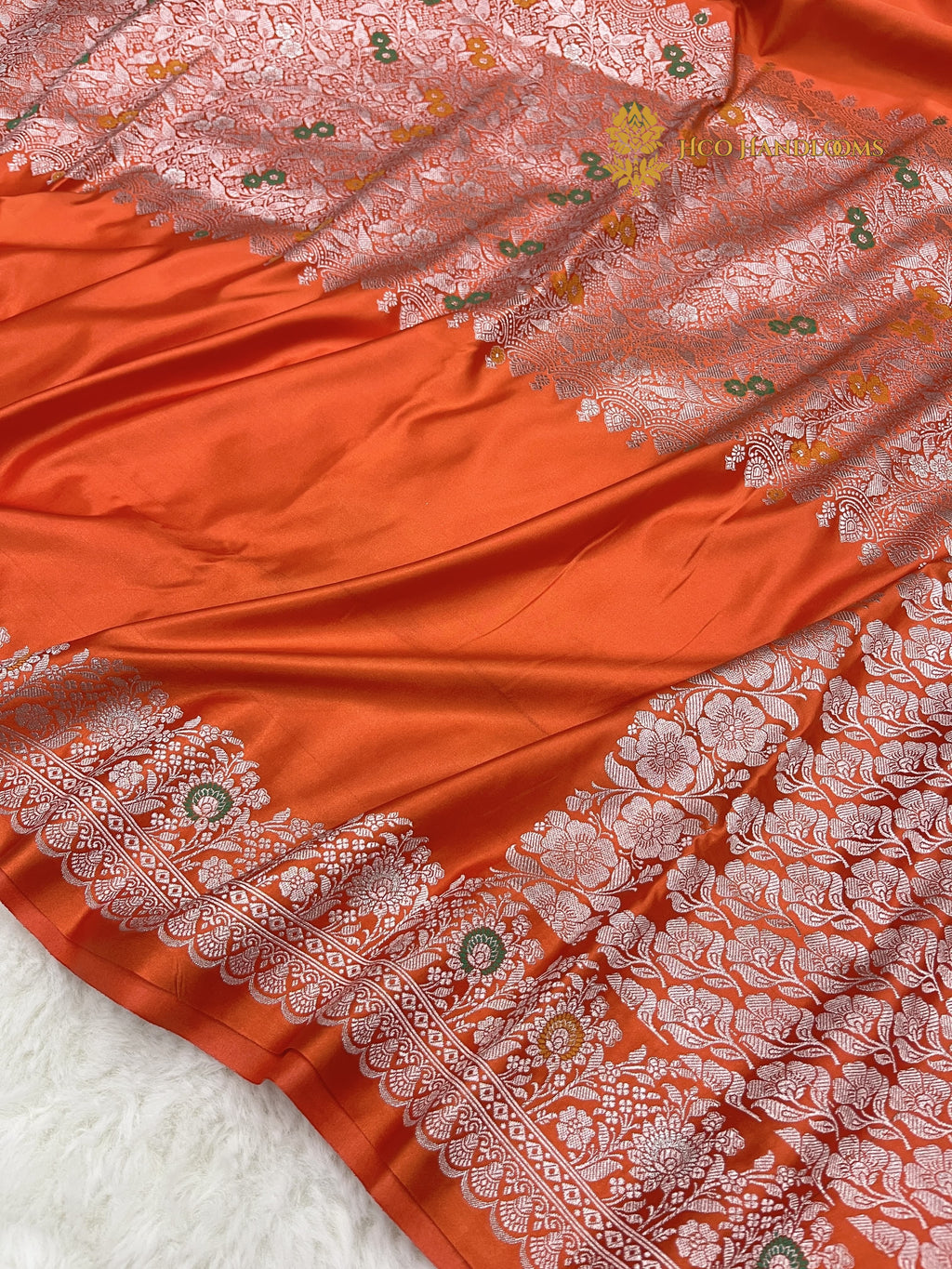 Orange Premium Mashru katan Silk Banarasi Saree - All Over Meenakari Skirt