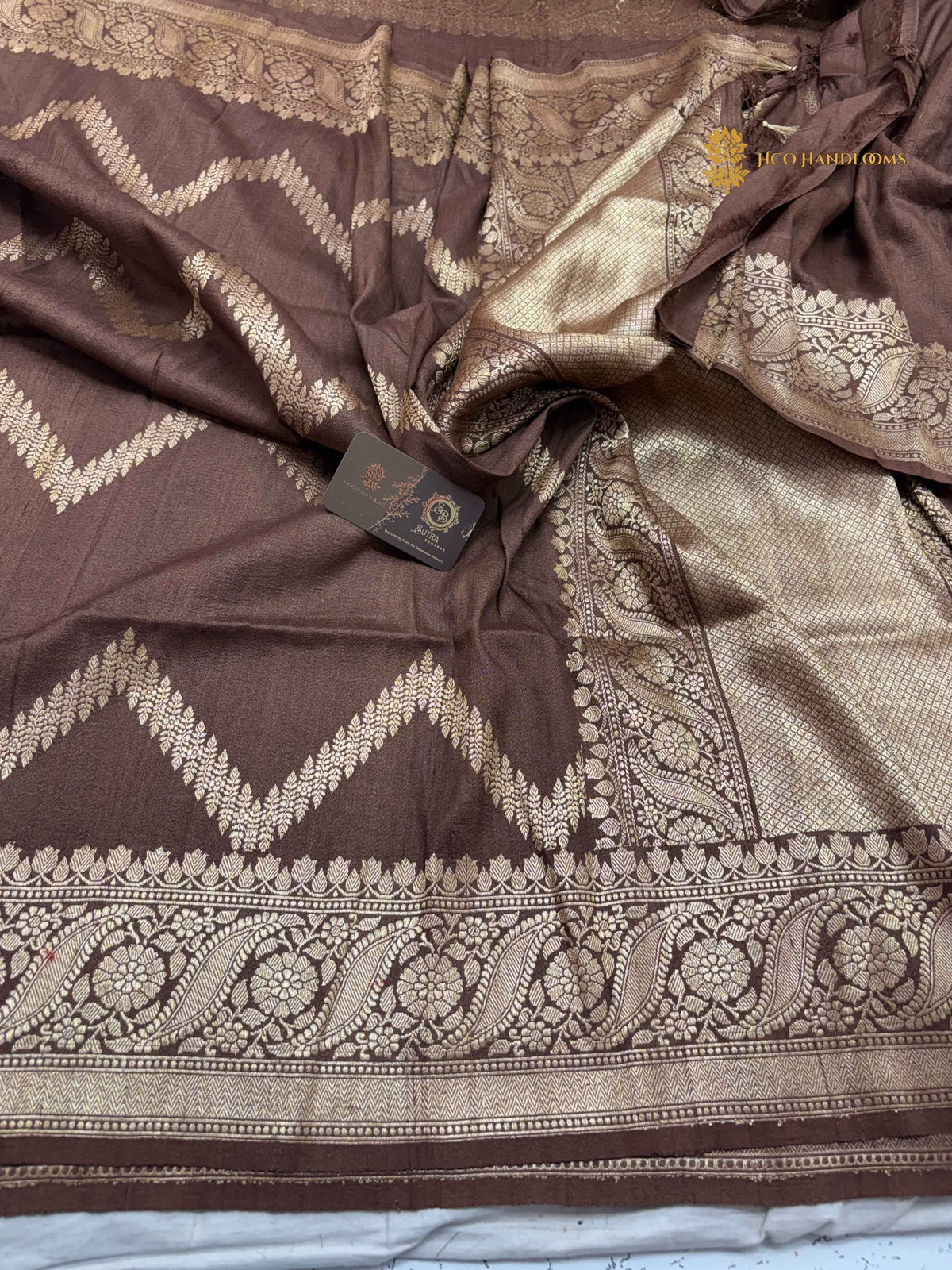 Brown Pure Tussar Silk Handloom Banarasi Saree - Zig-Zag Pattern