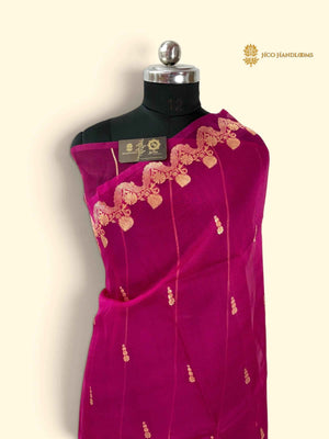 Rani Pink Pure Kora Silk Handloom Banarasi Saree - All Over Kadhua Motifs & Skirt Border