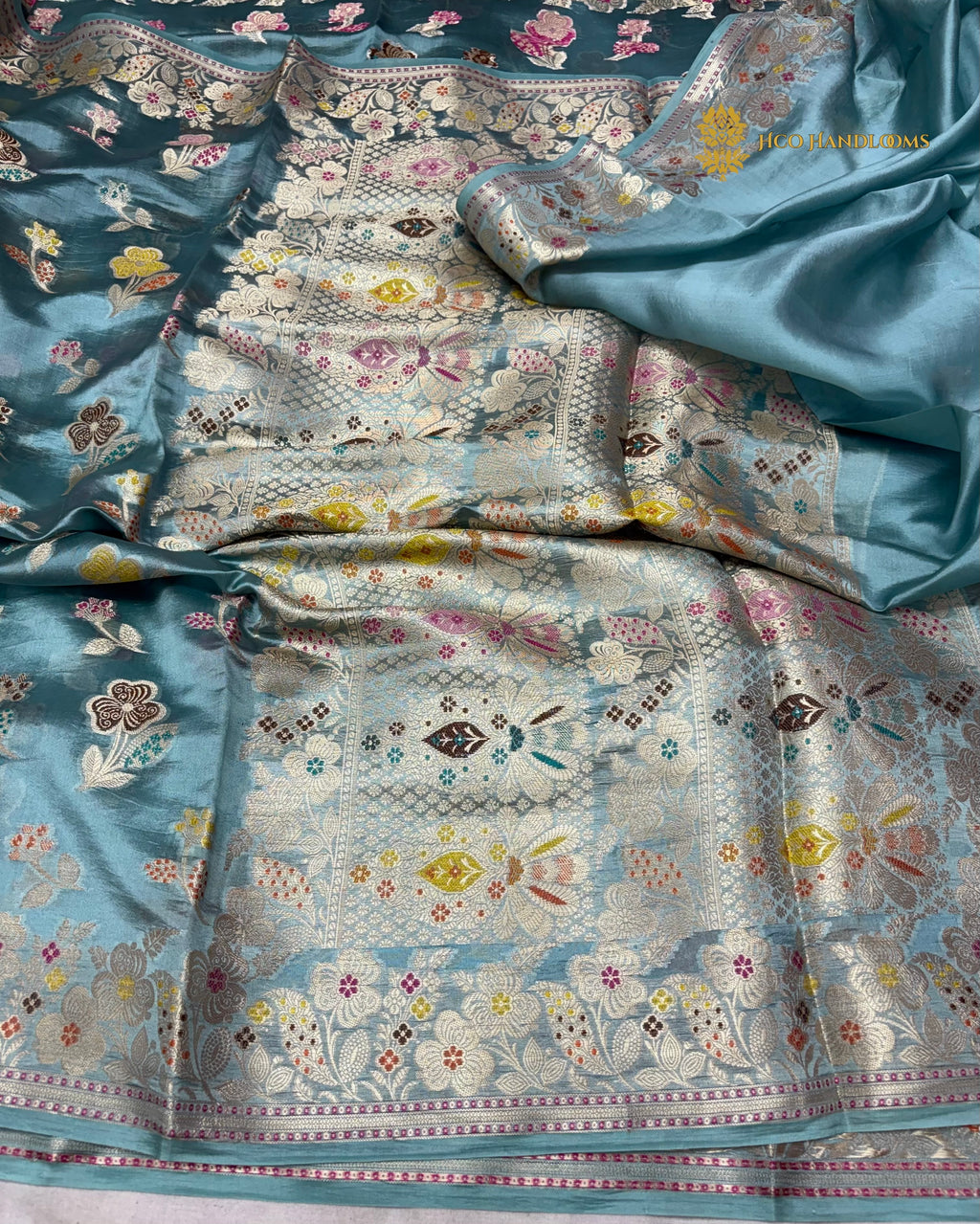 Light Blue Pure Mango Katan Silk Banarasi Saree - All Over Meenakari Motifs