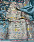 Light Blue Pure Mango Katan Silk Banarasi Saree - All Over Meenakari Motifs