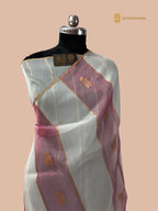 White & Pink Pure Kora Silk Handloom Banarasi Saree - All Over Stripe & Motifs