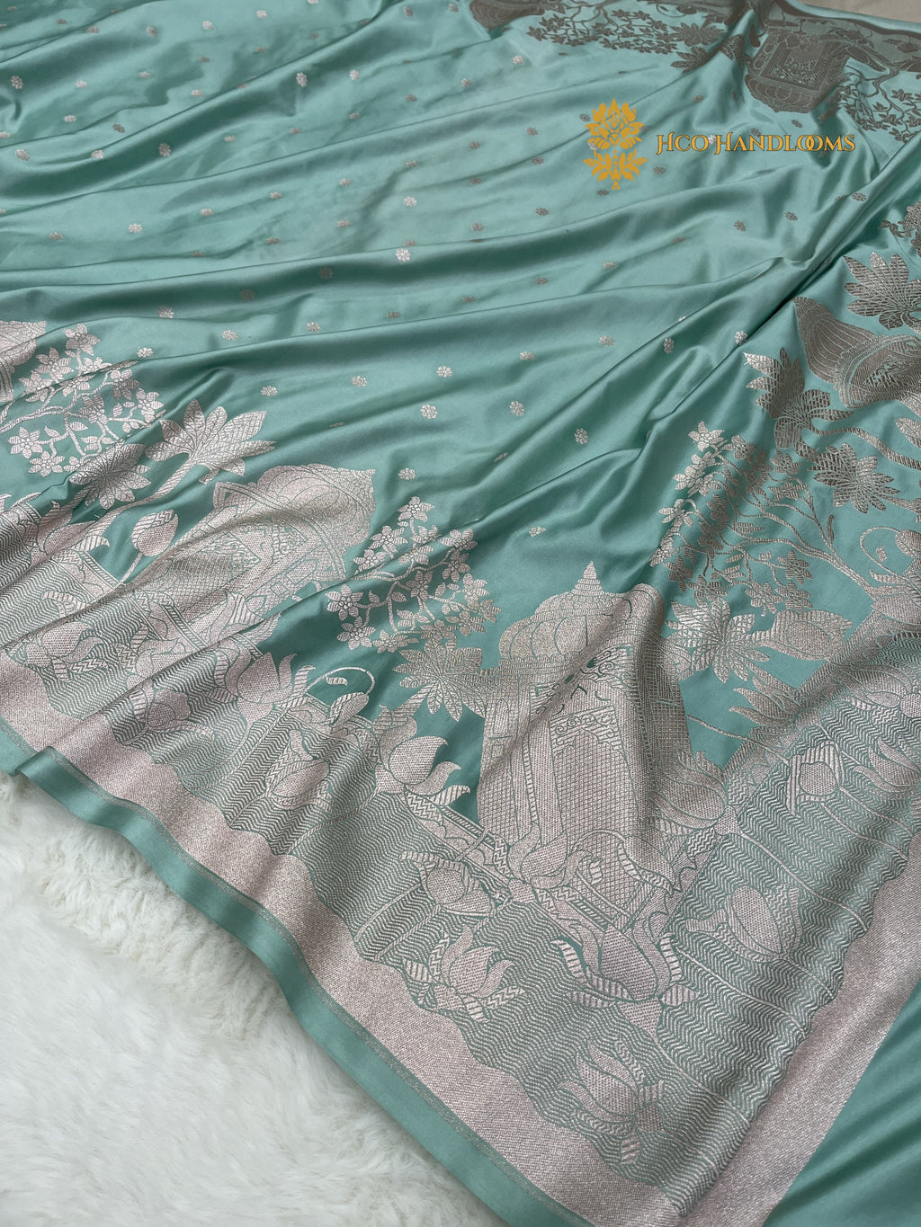 Light Blue Premium Mashru Katan Silk Banarasi Saree - All Over Dot Motifs And Beautiful Border