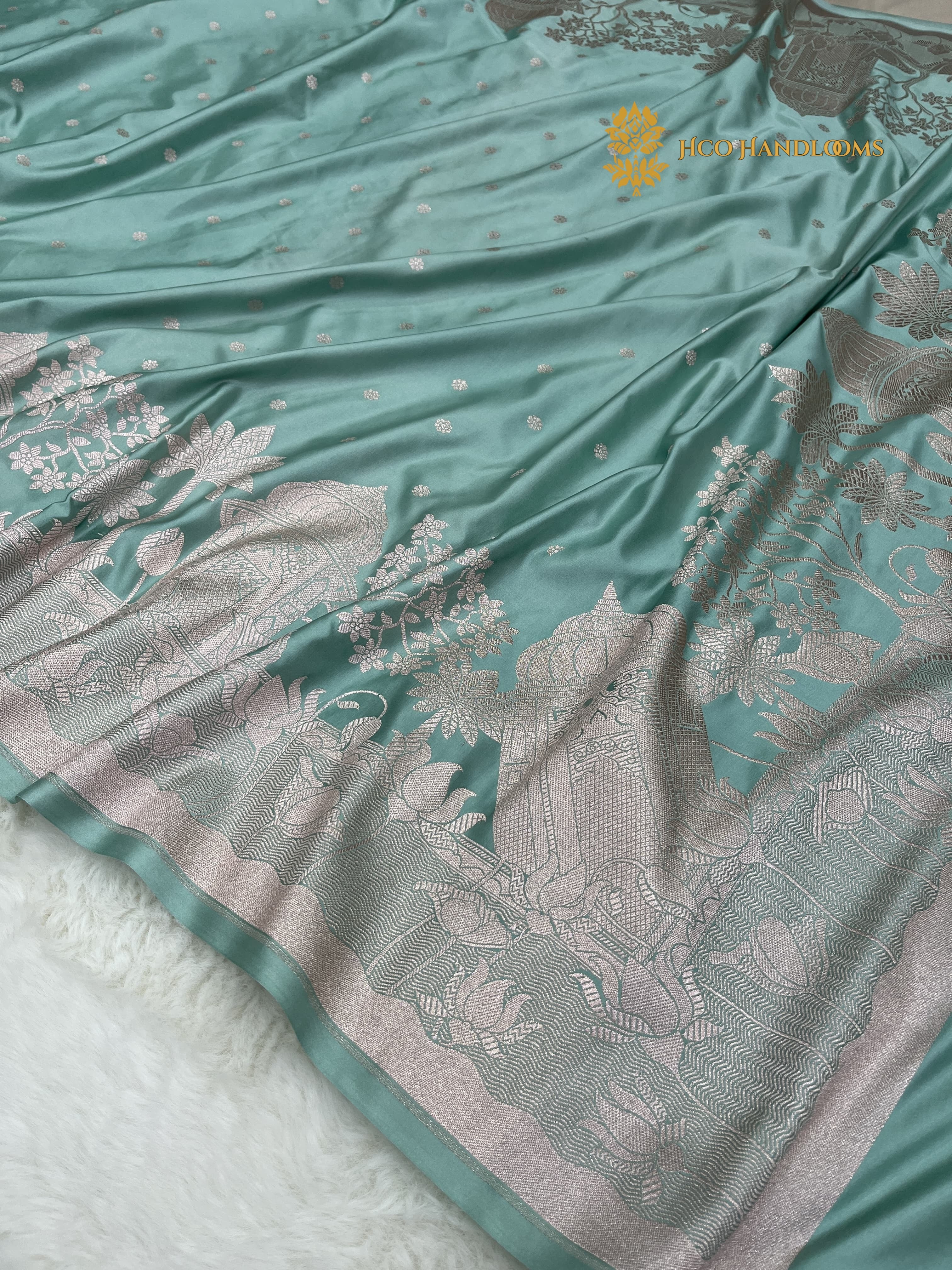 Light Blue Premium Mashru Katan Silk Banarasi Saree - All Over Dot Motifs And Beautiful Border