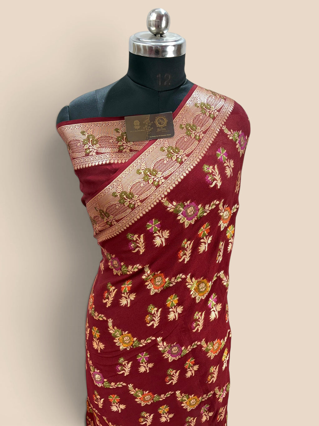 Maroon Pure Khaddi Chiffon Silk Banarasi Saree - Floral Motifs