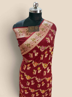 Maroon Pure Khaddi Chiffon Silk Banarasi Saree - Floral Motifs