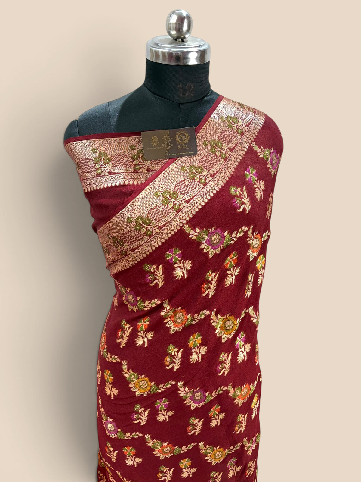 Maroon Pure Khaddi Chiffon Silk Banarasi Saree - Floral Motifs