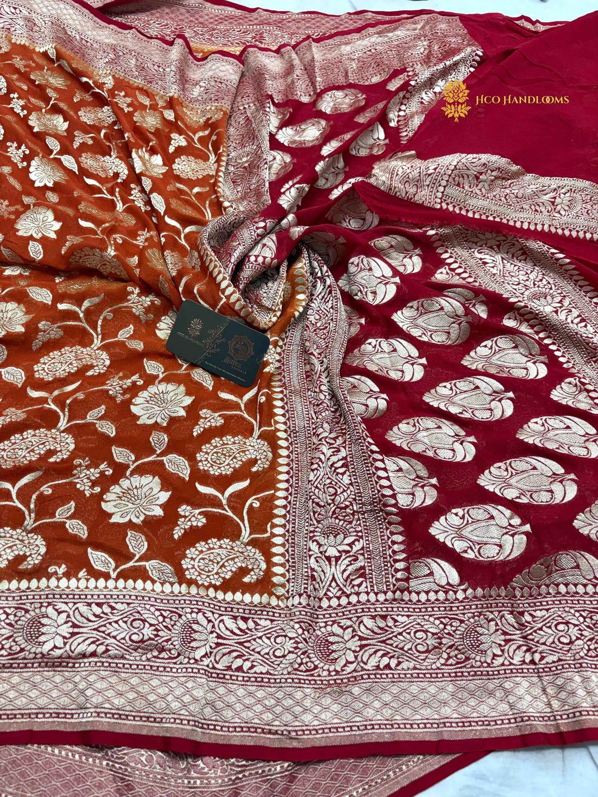 Orange & Red Pure Khaddi Georgette Silk Handloom Banarasi Saree
