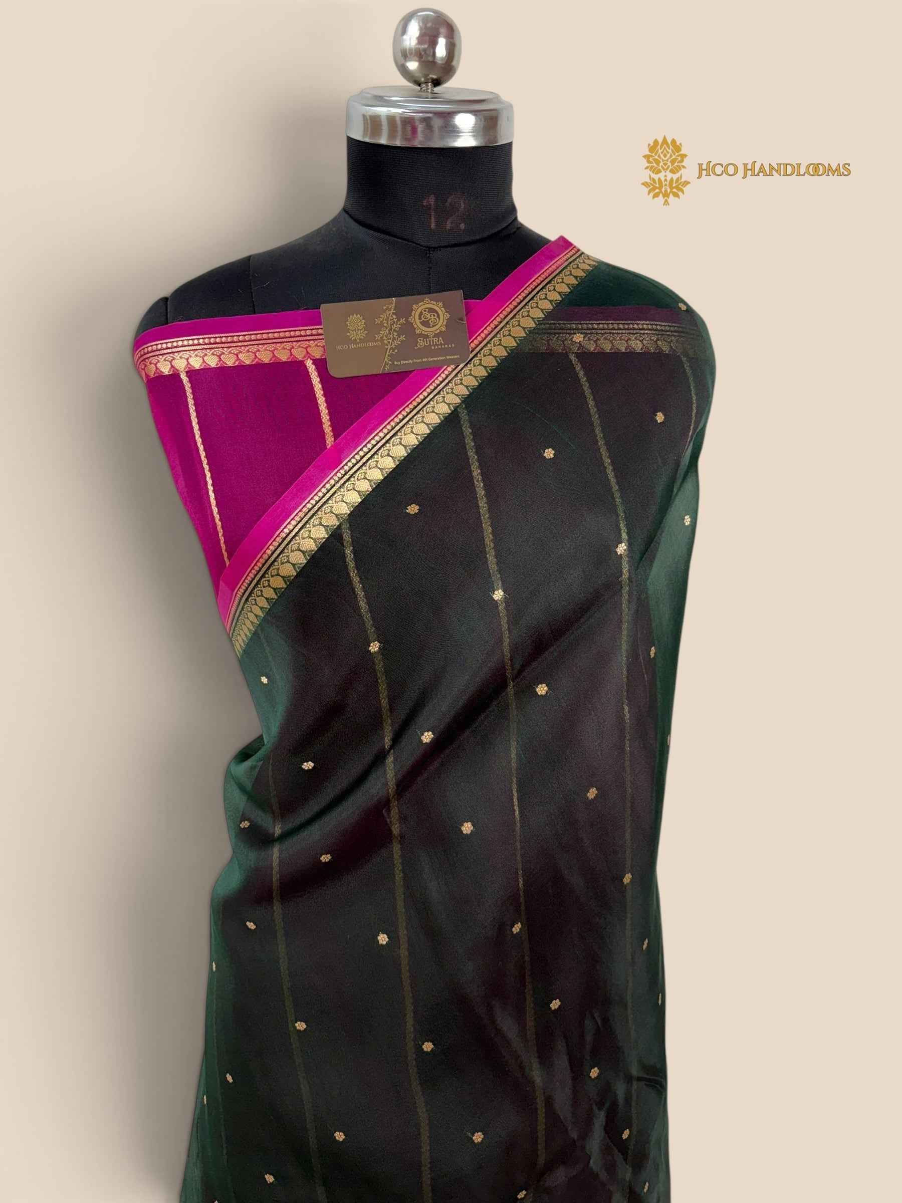 Bottle Green Pure Kora Silk Handloom Banarasi Saree - All Over Small Buti