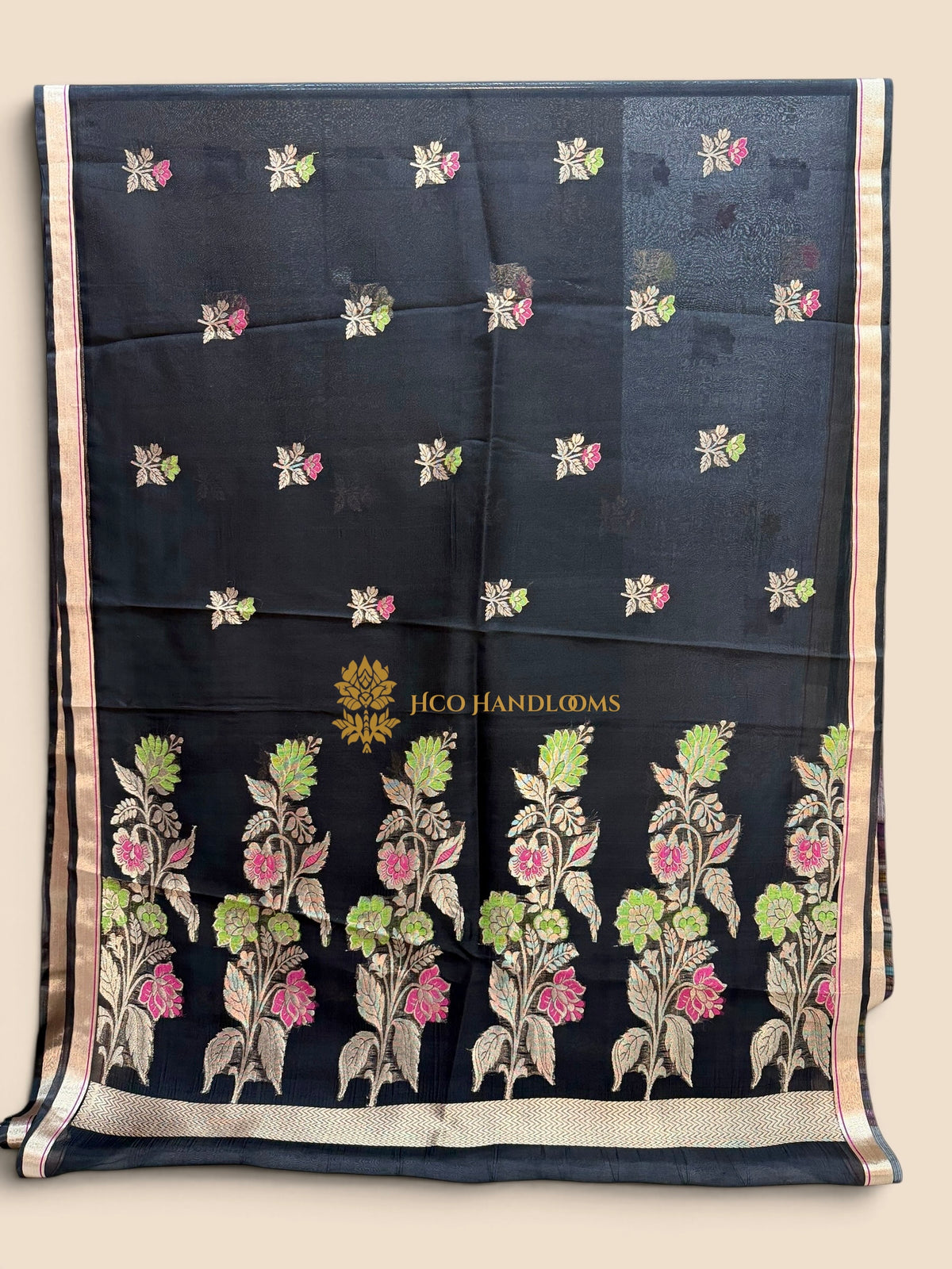 Black Pure Kora Silk Handloom Banarasi Saree - Meenakari Kadhua Motifs