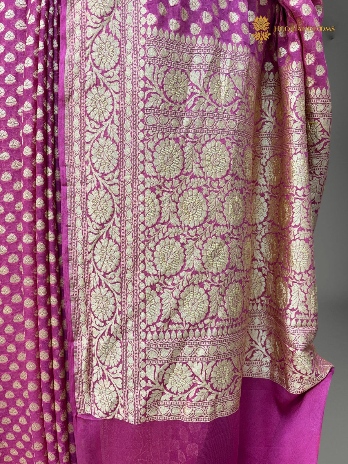 Carrot Pink Pure Khaddi Georgette Silk Handloom Banarasi Saree - Gold Zari